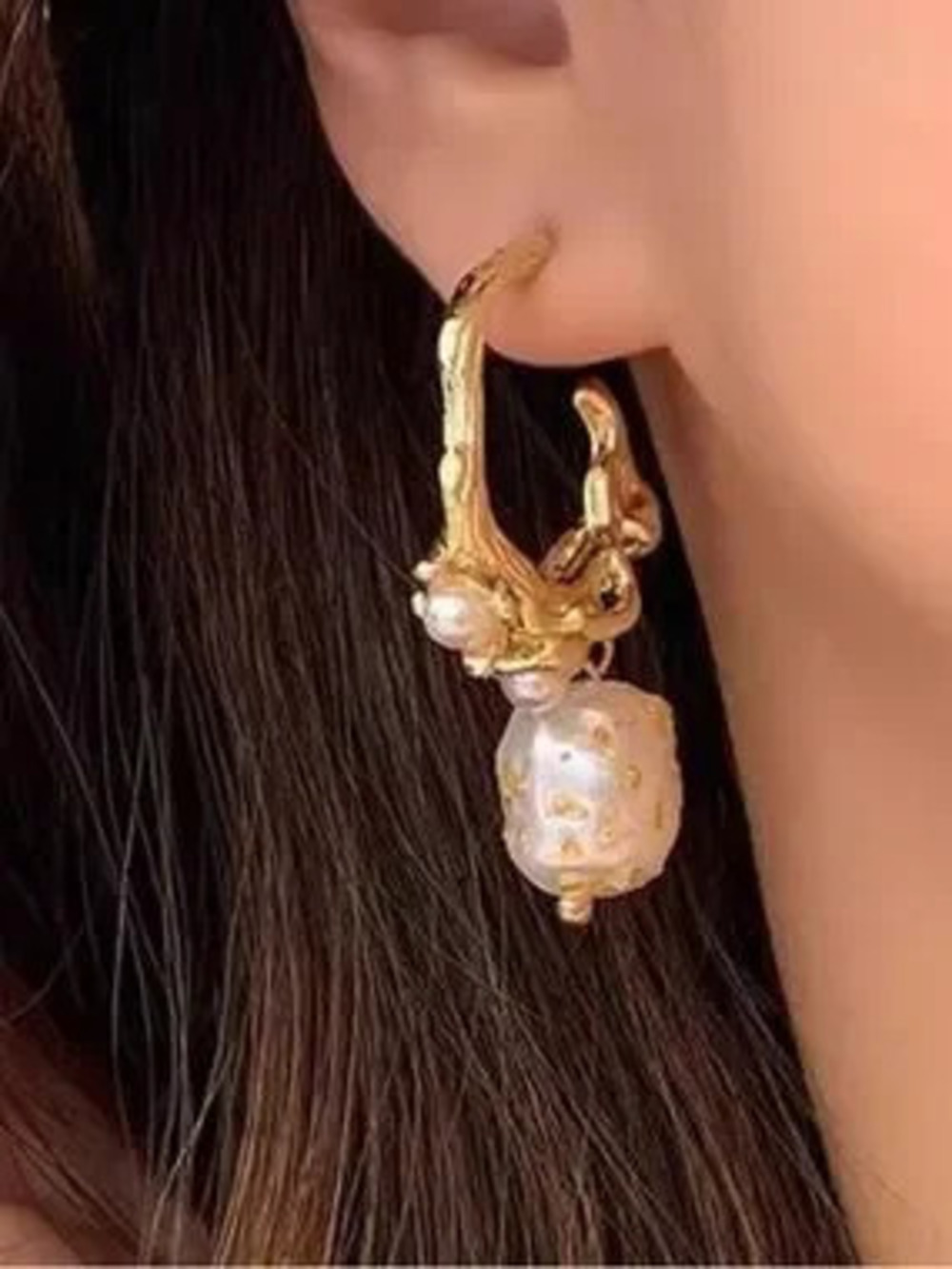 Gold and White Pearl Sculpted Drop Earrings